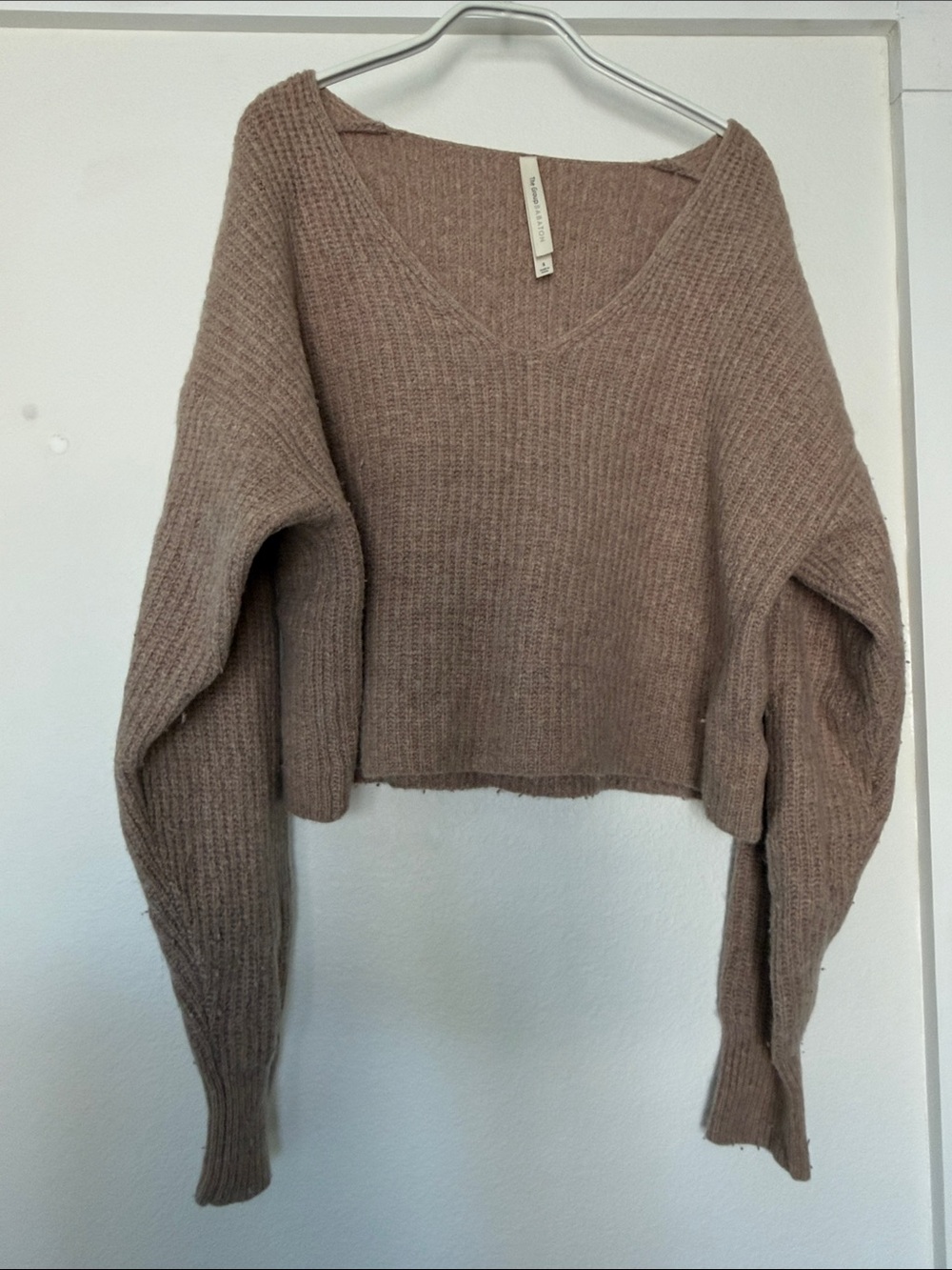 Babaton Cropped V-Neck Sweater in Taupe Brown